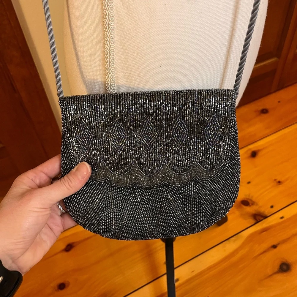 Vintage Beaded Black Silver Evening Purse Double Sided Scallop Flap Flapper Glam - Picture 3 of 8